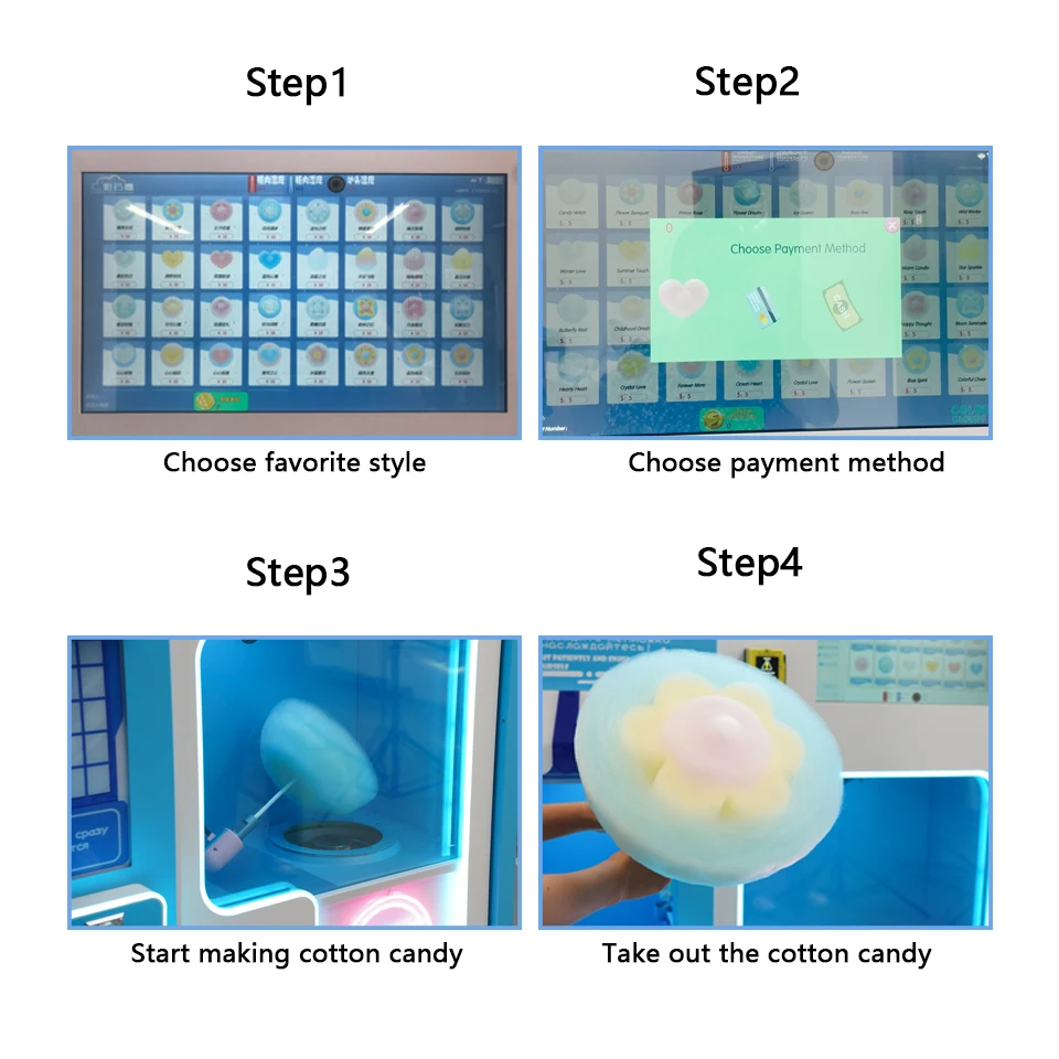 Custom Fully Automatic Cotton Candy Vending Machine Making Cotton Candies Machine with Accessories/Sugar/Paper Stick