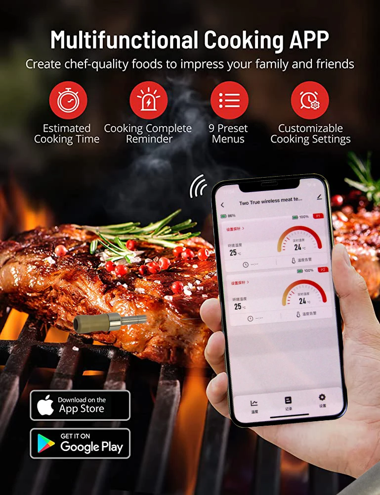 Long Range 165ft Tuya App Remote Smart Bbq  Cooking Thermometer Instant Read Digital Bluetooth 5.0 Wireless Meat Thermometer