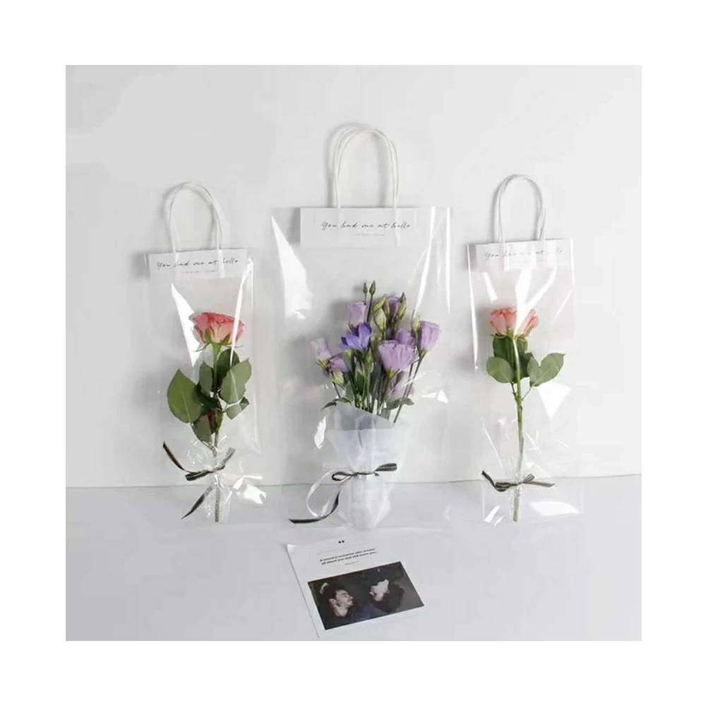 
Fashion Reusable Transparent Flower Paper Carry Bag With Handle For Mothers Day Valentines Day 