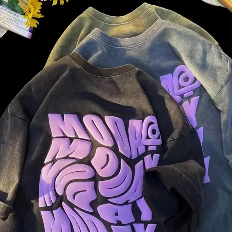 custom puff printed logo 250 gsm t-shirt  100% cotton unisex streetwear graphic heavyweight oversized acid wash men t shirt