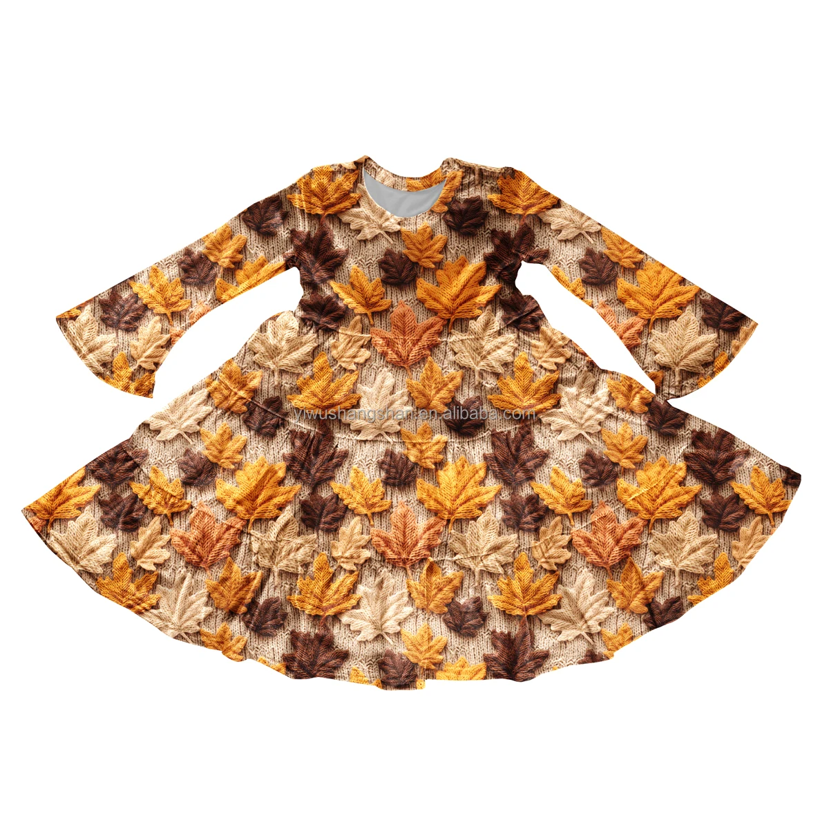 Autumn Long Flared Sleeve Kids Velvet Dress Custom Pumpkin Floral Design Baby Girls Twirl Dresses