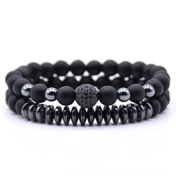 Men Women 2Pcs / Set Natural Matte Black Onyx Stone Jewelry Charm Healing Bead Bracelet