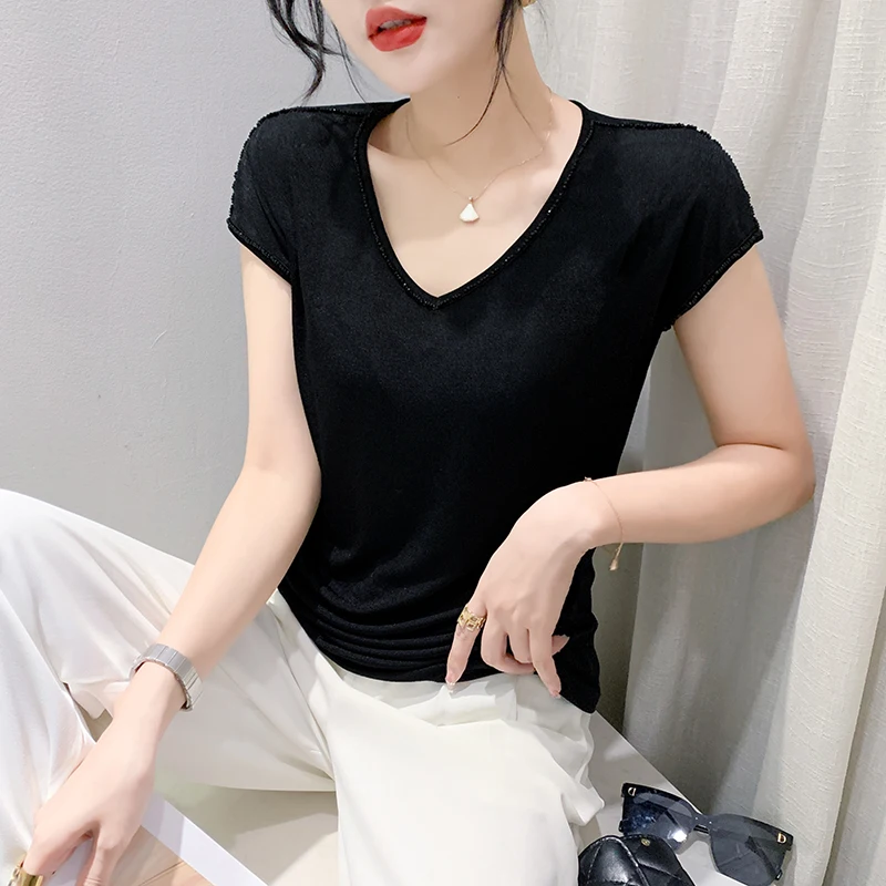 MadBlack European Clothes Tshirt Women Sexy V Necks Ruched Slim Tops Short Sleeve Bottoming Tees Summer New Hand Made T37535QM