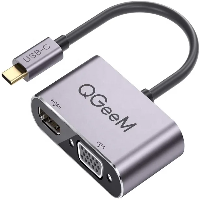 USB C to HDMI VGA Adapter,QGeeM 2-in-1 Type C to HDMI VGA Hub (Thunderbolt 3) Compatible with MacBook Pro, iMac 2017, Chromebook