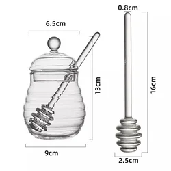 2022 New 3 honeybee Design clear Corrugated Glass Honey Pot Container Dispenser  HoneyJar with Dipper and Lid
