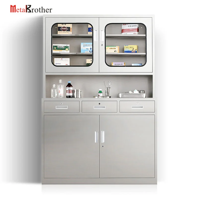 High Quality 201 Stainless Steel Medicine Cabinet 4 Glass Door Stainless Steel Cabinet Clean Hospital  Furniture