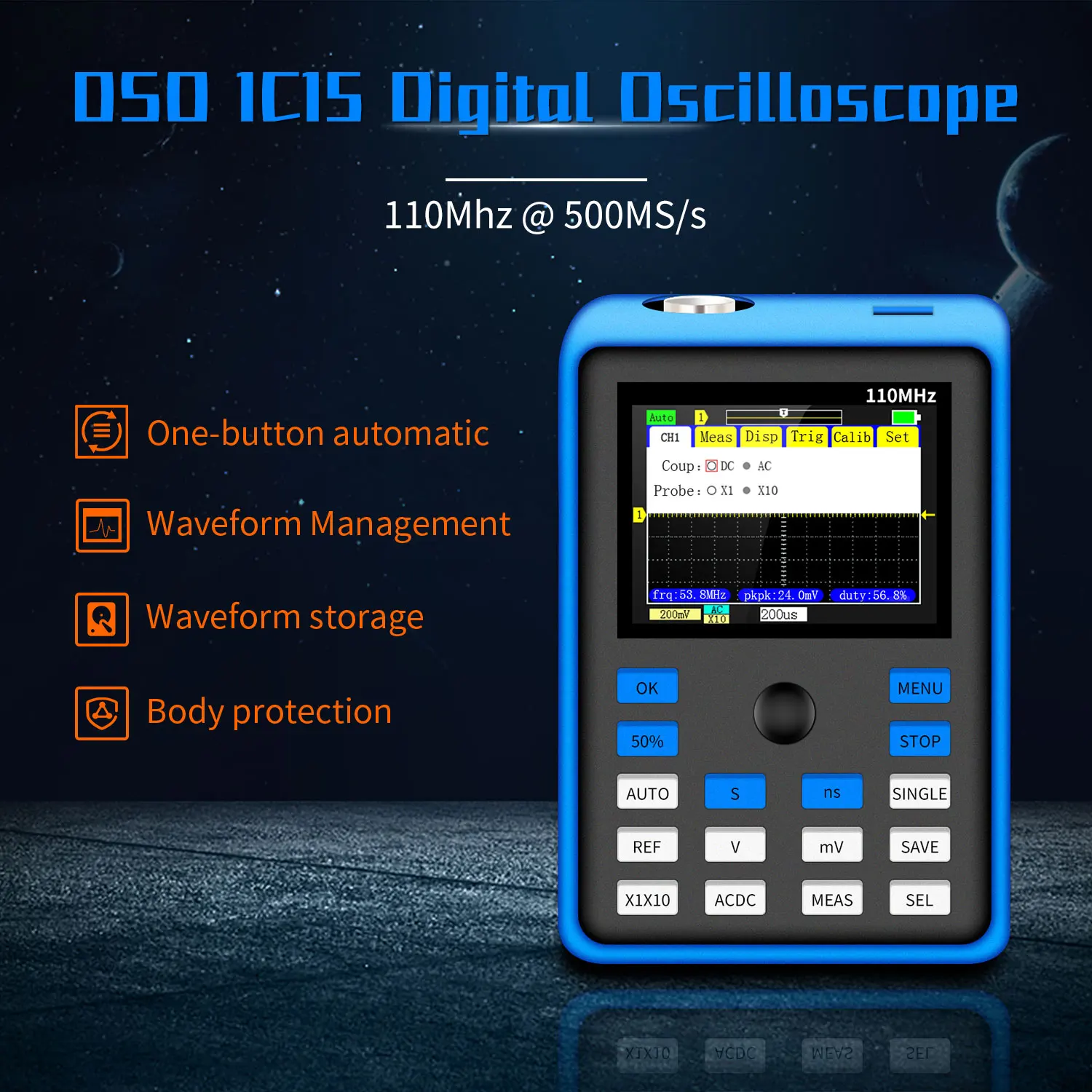 DSO1C15 Professional Digital Oscilloscope 500MS/s Sampling Rate 110MHz Analog Bandwidth Support Waveform Storage