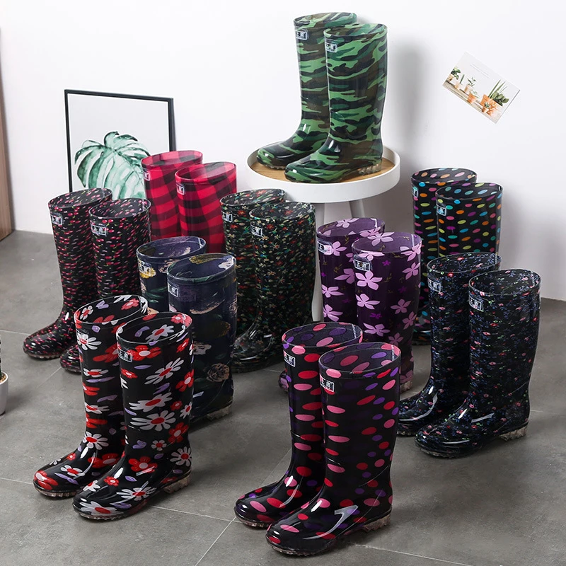 Женские высокие резиновые сапоги, длинные женские Рабочие водоотталкивающие сапоги с принтом, Нескользящие износостойкие резиновые сапоги