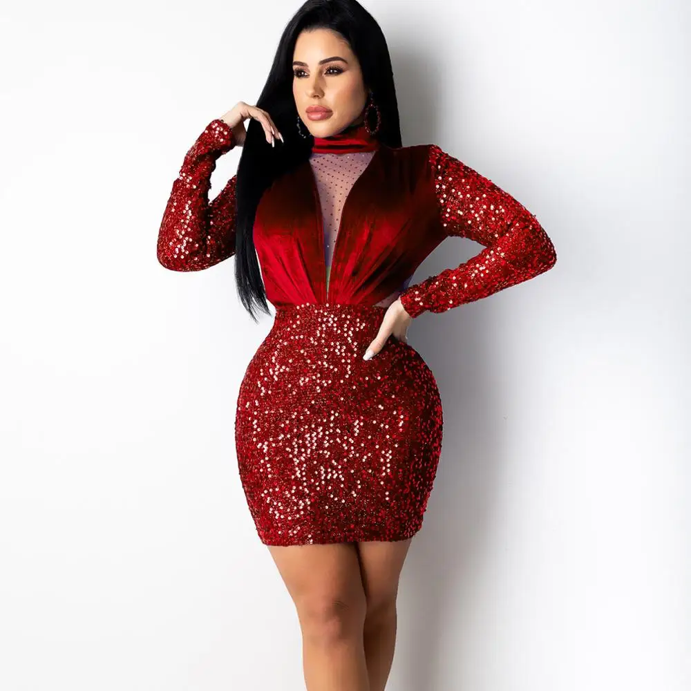 MD-2022 new122908     Wholesale ladies autumn and winter thick velvet stitching sequined dress female bodycon dress