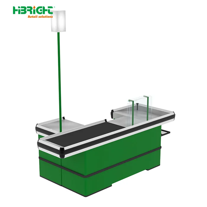 Highbright Retail Store Customized Supermarket Cashier Table Cash Desk Checkout Counter with Conveyor Belt