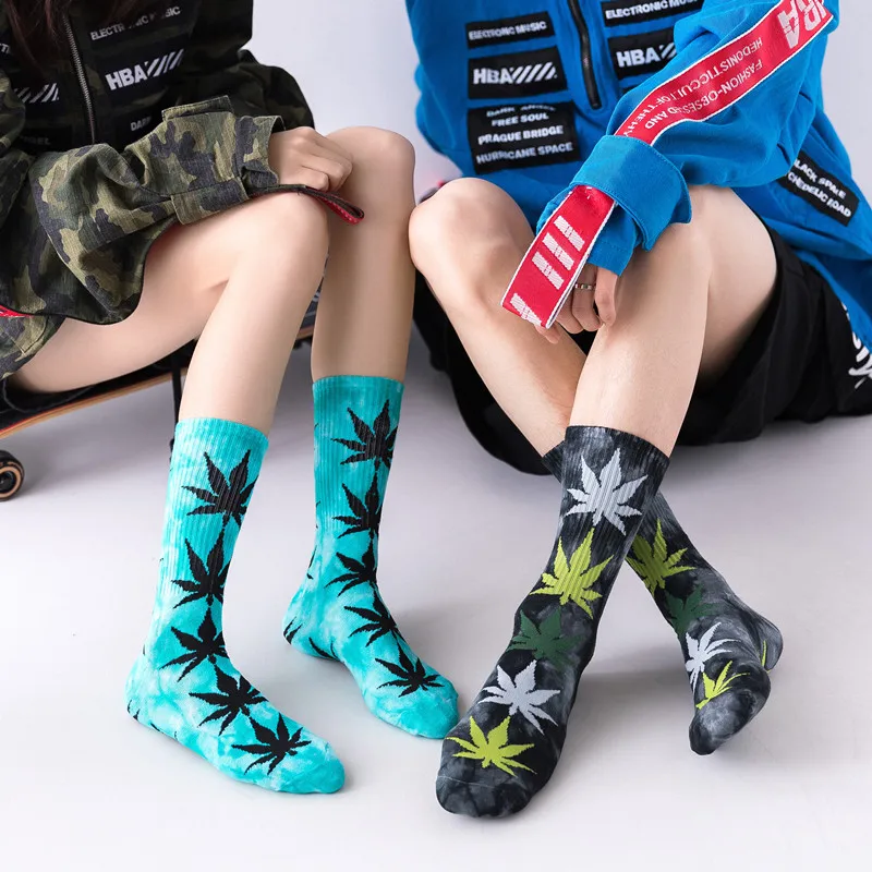 Spring Summer New Socks Men Women 13 Color Choices Weed Leaf Hemp Plant Leaf Print Hip Hop Couple Tie Dye Sports Socks