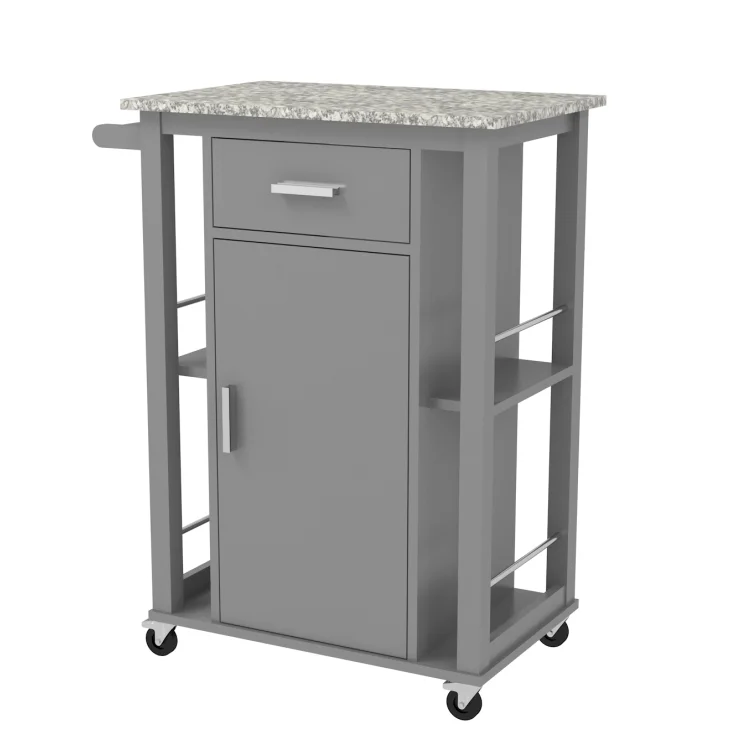 Grey Rubber Wood Top Serving Trolley Wooden Kitchen Island Cart, Kitchen Utility Cabinet with Pine Wood Legs