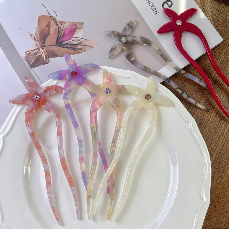 Qianjin Custom Acetate French Starfish Hair Sticks Forks for Vintage Hair Updos Buns Thick Hair Large U Shaped French Hairpins