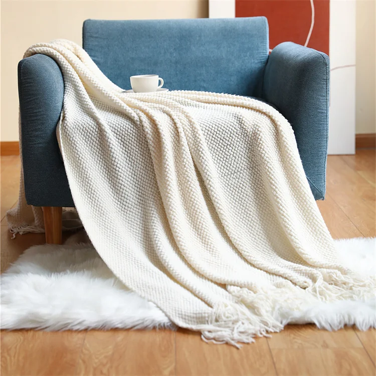 European Style Knitted Tassel Throw Blankets Sofa Blanket Super Soft Solid Color Waffle Blanket for Home Decor