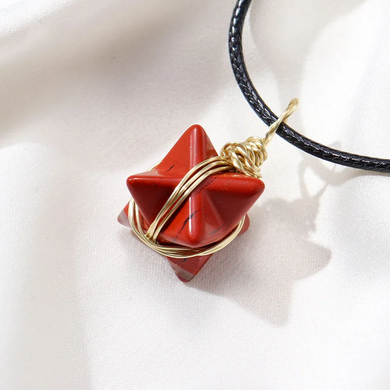 Wholesale Bulk Natural Crystal Gemstone Carved Merkaba Star Gold Wire Wrapped Merkaba Necklace Pendant