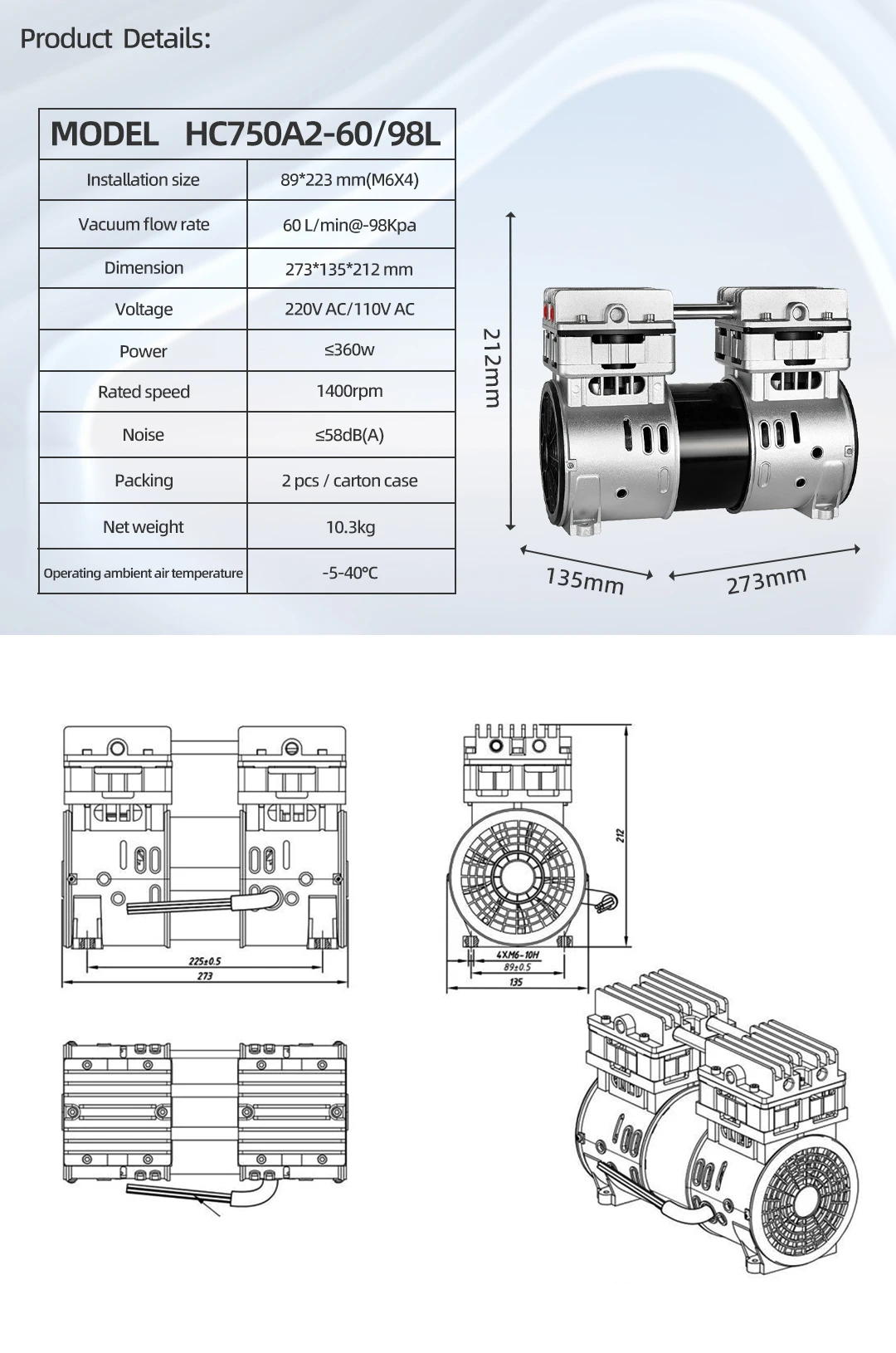 Hot selling electric oil free vacuum pump piston type 120LPM vacuum pump high pressure vacuum pump for surgical aspirator