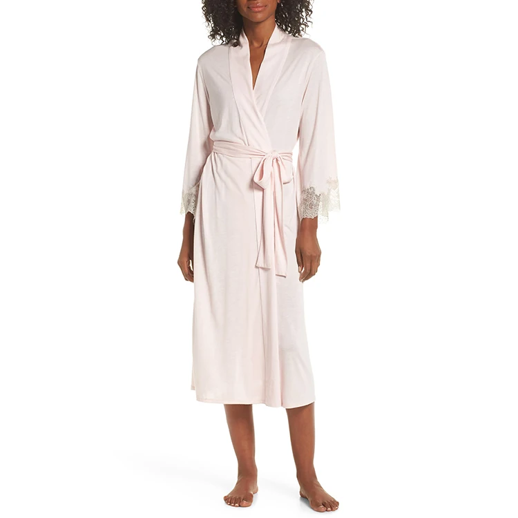 Wholesales long robes lady Sleepwear Soft Rayon Bamboo Fabric Lace trim Long Bridesmaid Robes Women