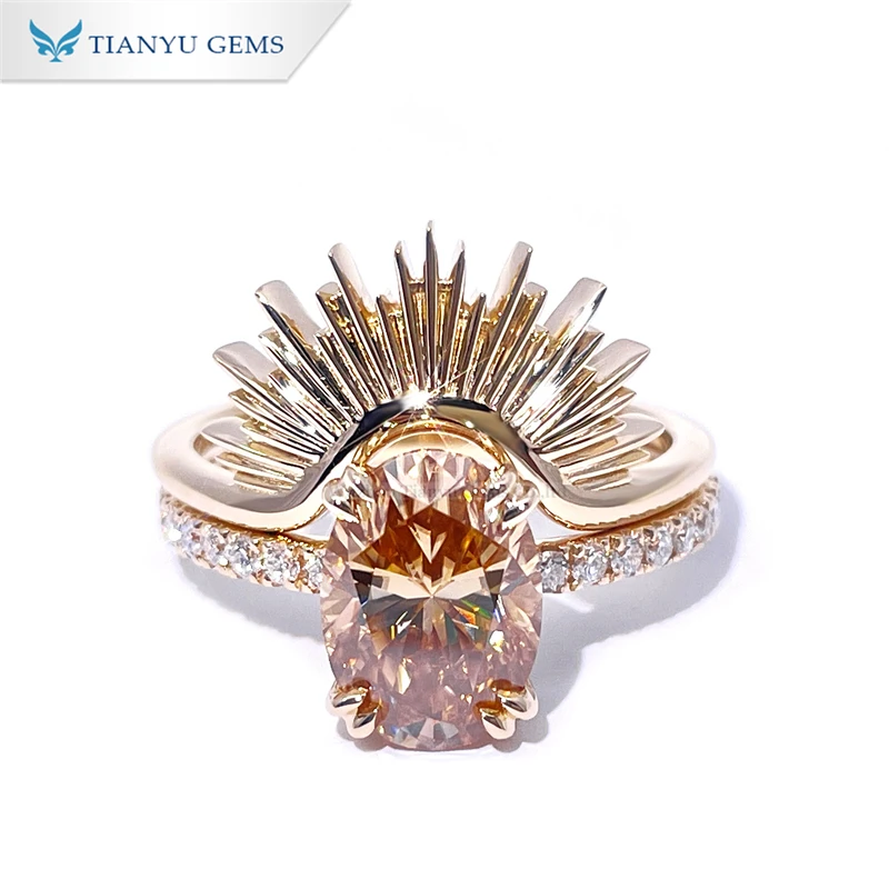 Tianyu 9.8x7mm Champagne Oval Cut Moissanite Lady Engagement Ring Real Pure Gold Au585 Au750 14K 18K Wedding Fine Jewelry