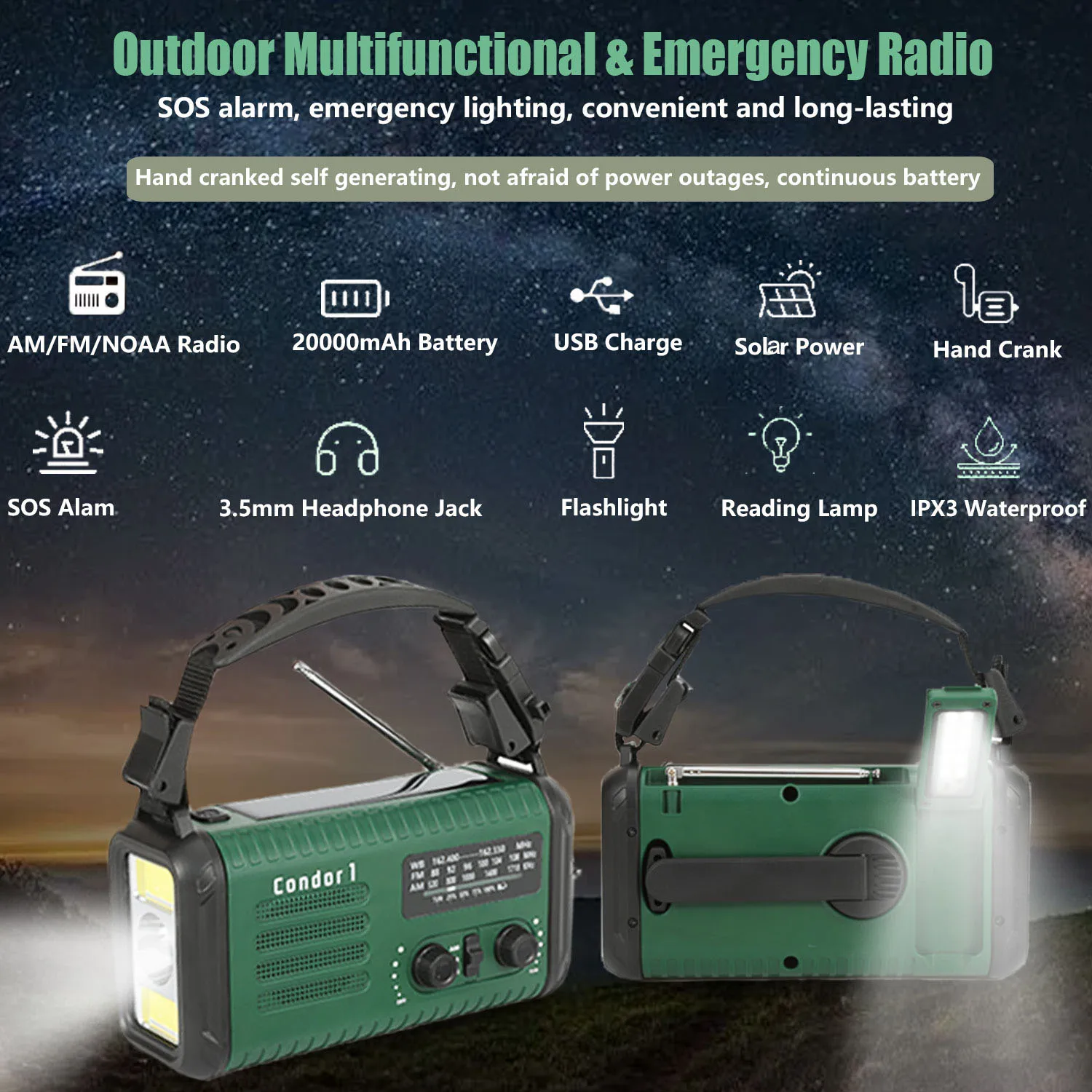Portable 20000mAh LED Radio Emergency Weather Band AC Power Supply Solar Hand Crank USB SOS Alarm Digital Display Flashlight