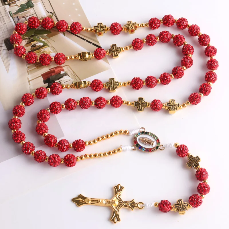 JC New design rosary chain high quality 10mm glass rhinestone ball catholic rosary necklace