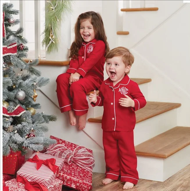 RTS red sleepwear girls kids custom pajamas cotton christmas pyjamas family boys pajama