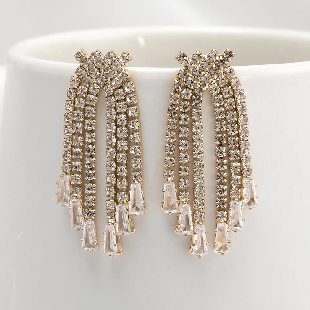 Manufacturer Jewelry Crystal Rhinestone Tassel Fringe Small Gold Elegant Zircon Stone Earrings Gold Plate Women 2022 Trendy