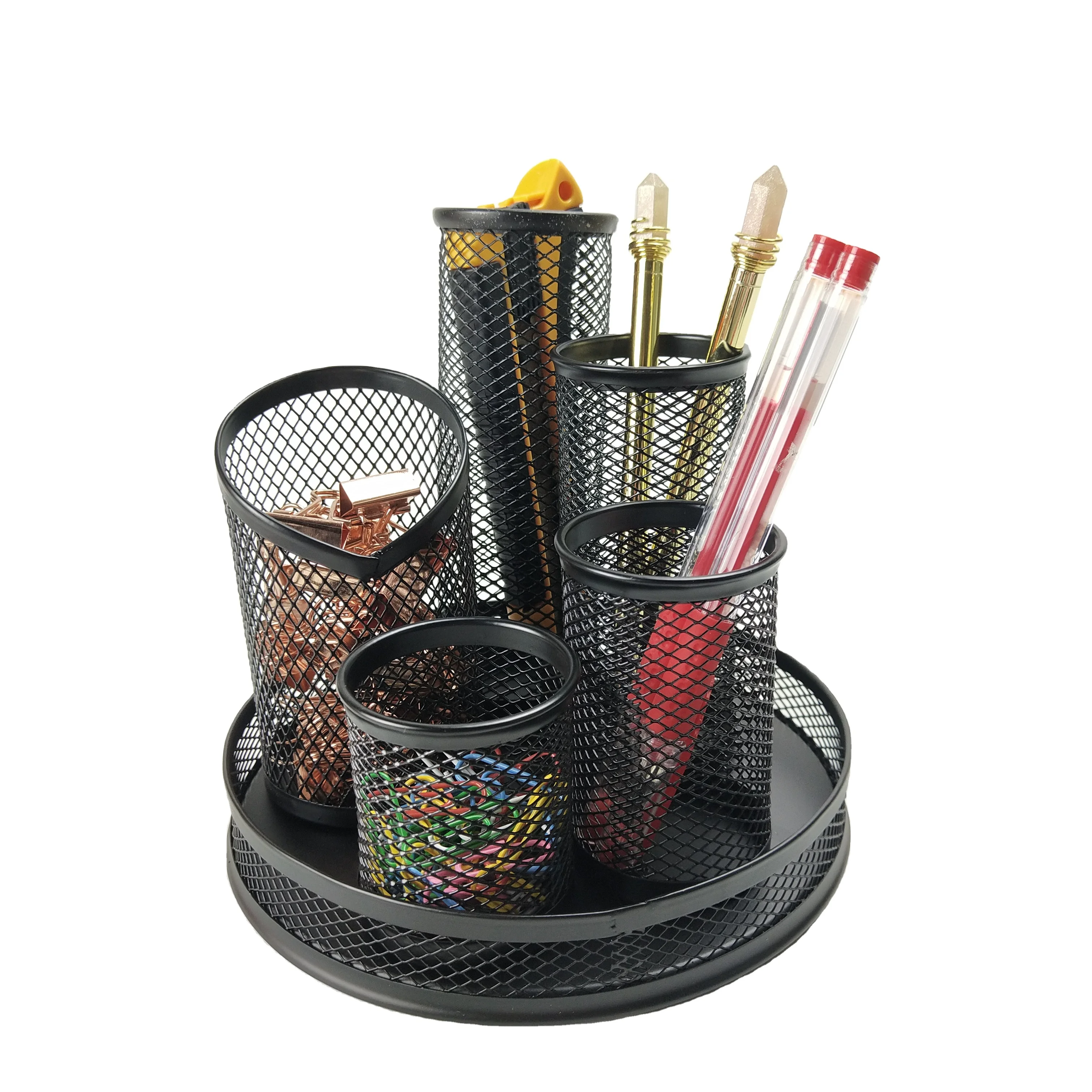 Stationary Accessories Multifunction Metal Mesh 5 Parts  Rotating Display Stand Pen Holders Bottom with Magnet Desk Organizer