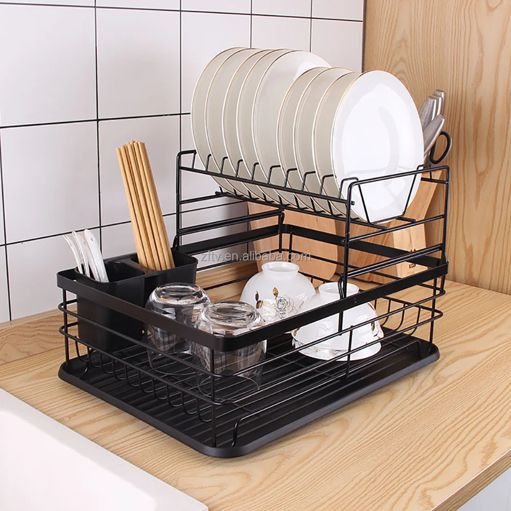 Kitchen Dish Drainer Drying Rack with Drip Tray and Full-Mesh Silverware Storage Basket, Black,White