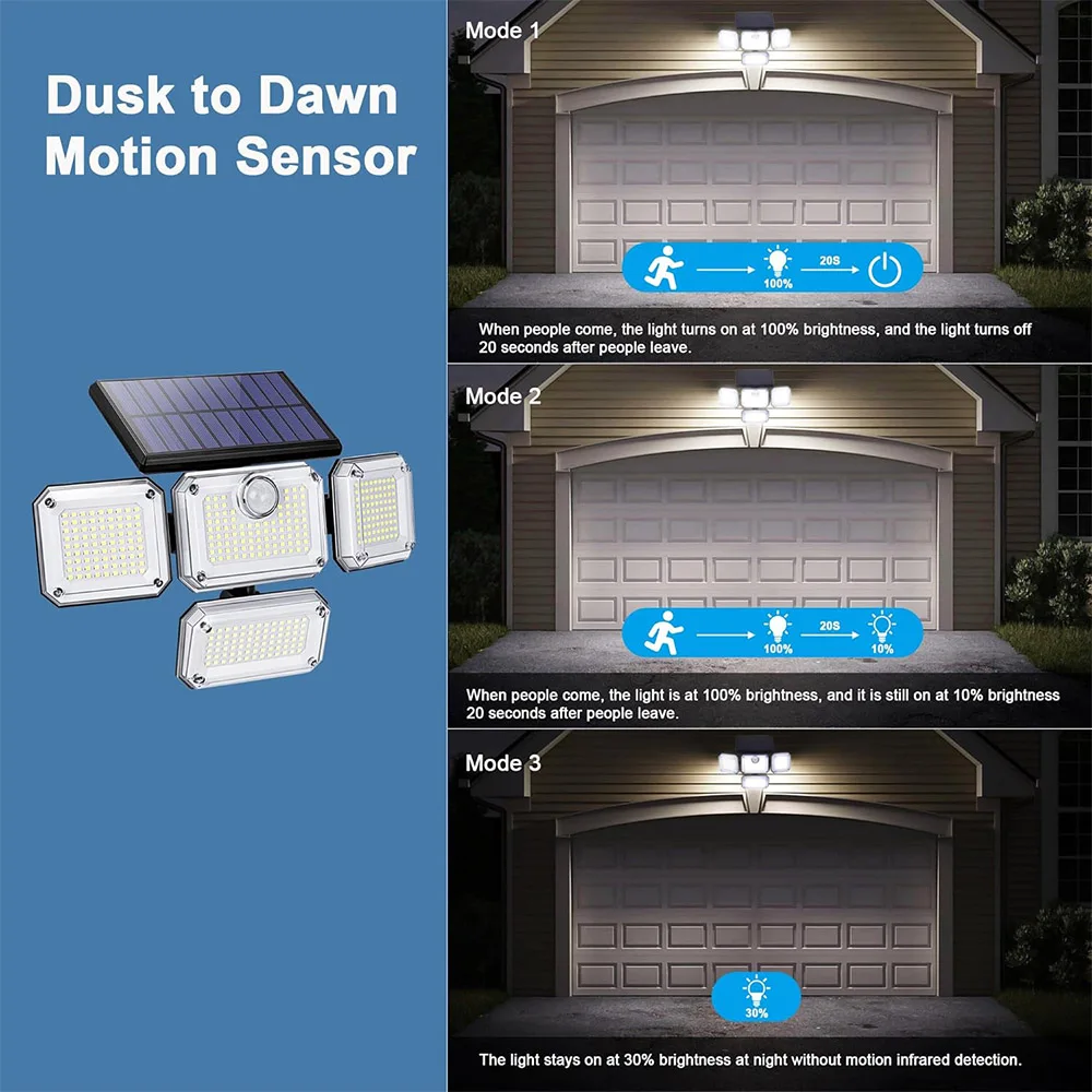 4 Head Solar Flood Lights Outdoor LED Security Lights with Remote Control 3 Modes Motion Sensor Lights for Porch Yard Garage