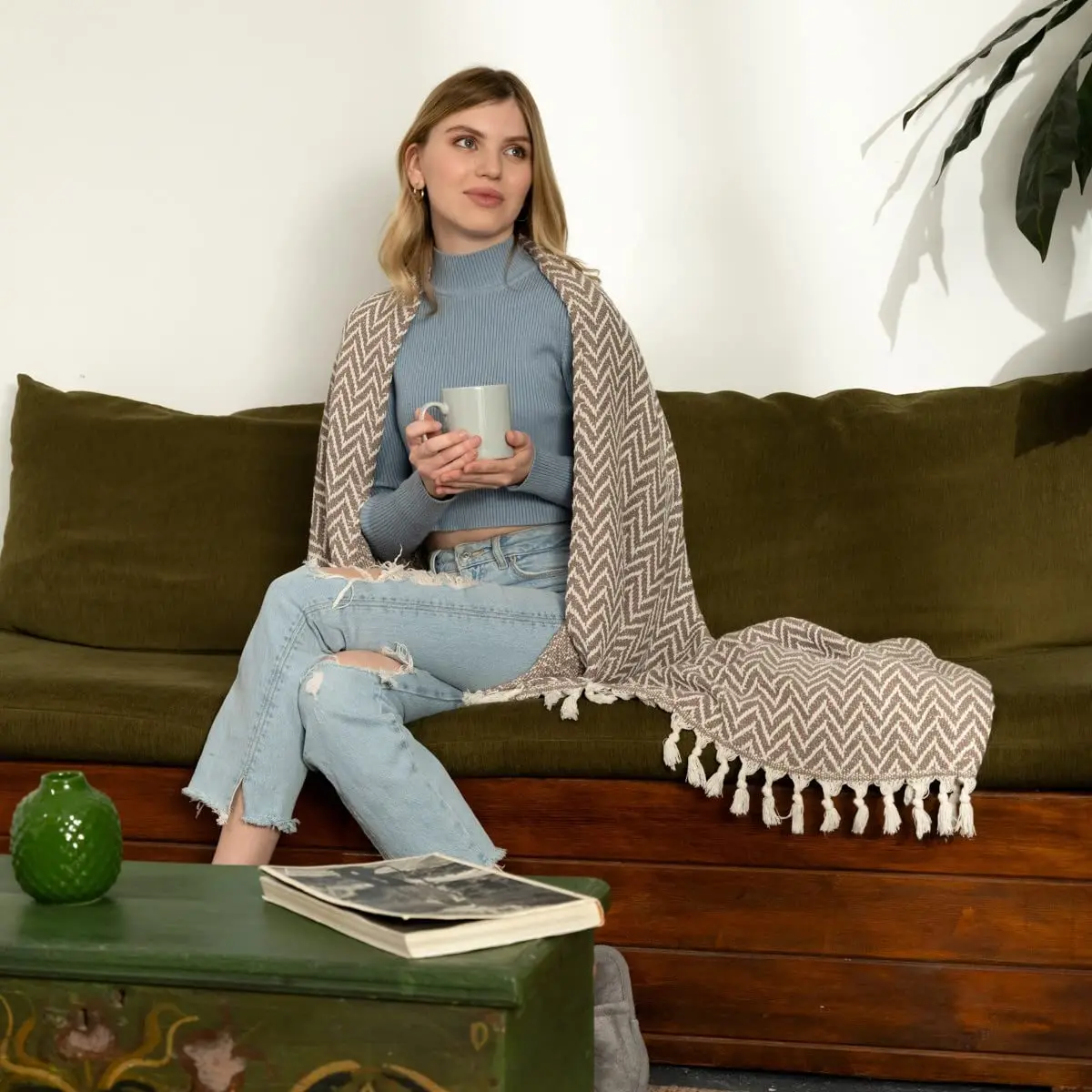 Brown Cotton Blanket Machine-Washed Comfy Bed Blanket Bed Throw Super Soft Blankets and Throws for Couch Sofa