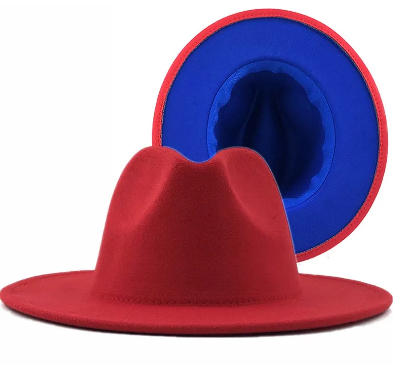 Wholesale High Quality Fake Wool Felt Fedora Hat For Men 2 tone hat colorful different candy color brim fedora  women hat