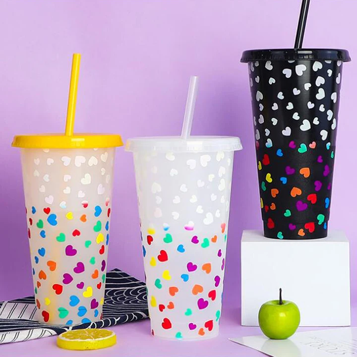 P010 color changing tumbler with straw heart color changing plastic cup that changes color
