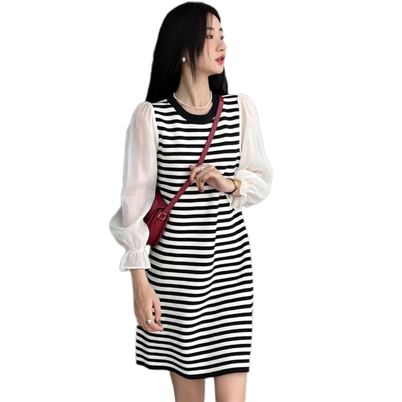 2022 F/W Ladies New Casual Chiffon Dresses Women Lady Elegant Patchwork Contrast Stripe Knit Loose Mid Length One-Piece Dress