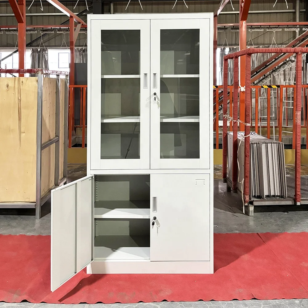 2 glass door metal storage cabinet with 2 shelves office cabinet steel file cupboard