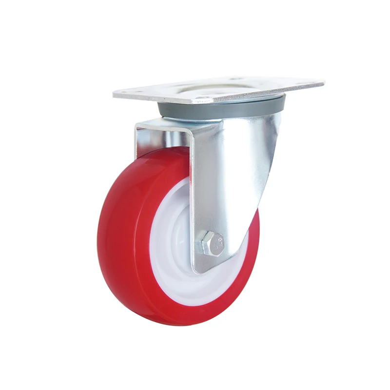 New European Style Casters 3/4/5 Inch  Polyurethane Red PU Wheels Castor Fix /With Brake Type  For Industrial