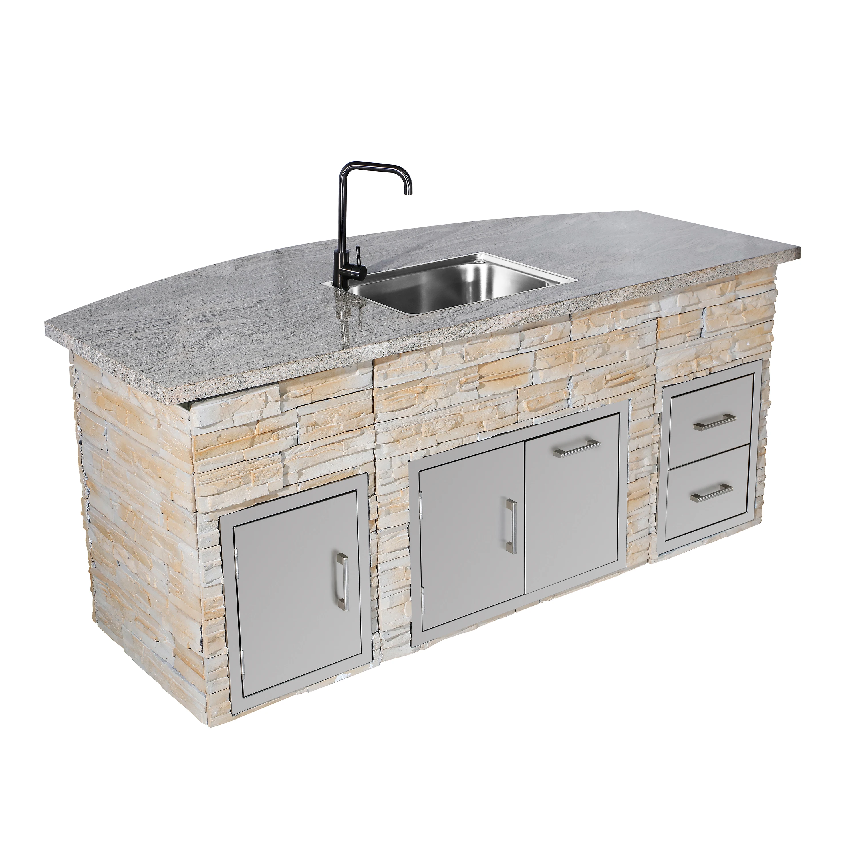 L-Shaped Outdoor BBQ Grill Island Set Including Stone Veneer Grill Kitchen and Bar