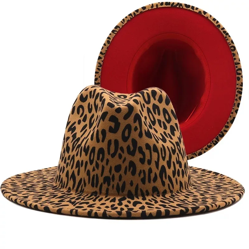 Winter Classics New Style Two Tone Leopard Printing Wide Brim Felt Fedora Hats Vintage Jazz Panama Fedora Cas