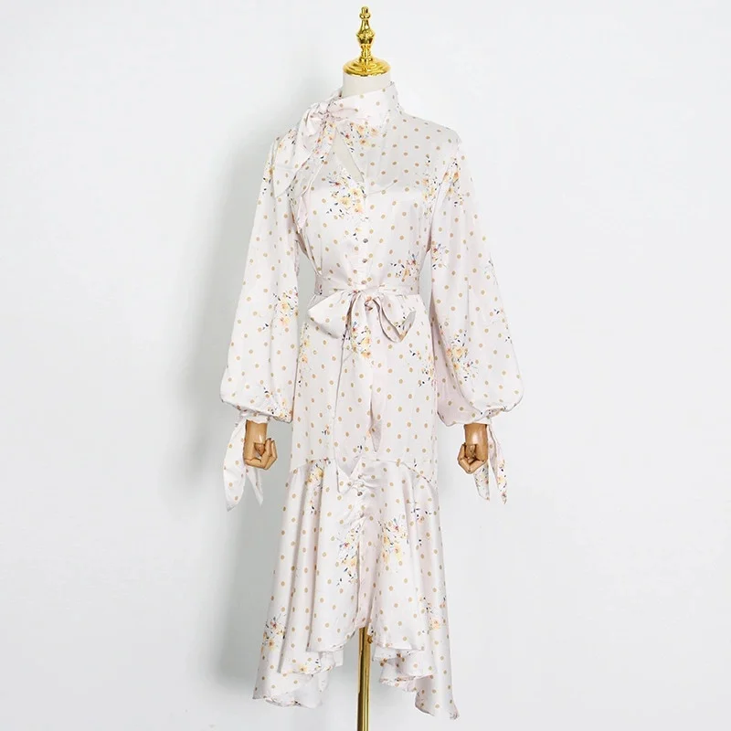 elegance casual 100%polyester material dot dresshigh waist drape effect long and short wide leg printed dress