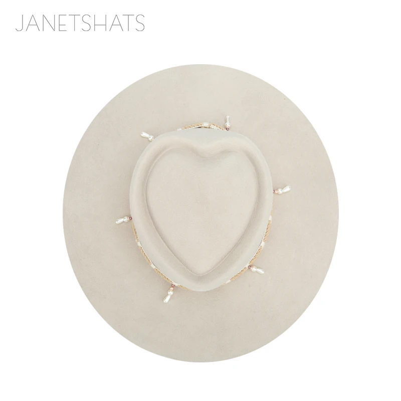 Custom Vintage Design 100Australia Wool Felt Satin Lined Heart Prok Pie Fashionable Beige Wide Brim Fedora Hat With Rope Band