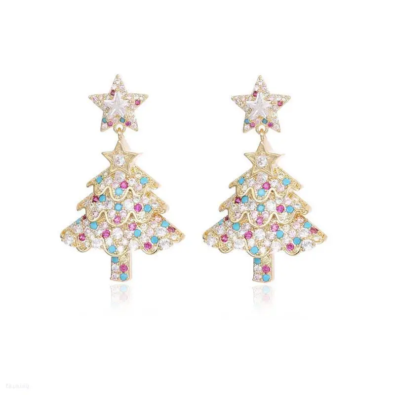 FM European and American style fashion temperament new earrings color zircon inset high-grade Christmas gift tree