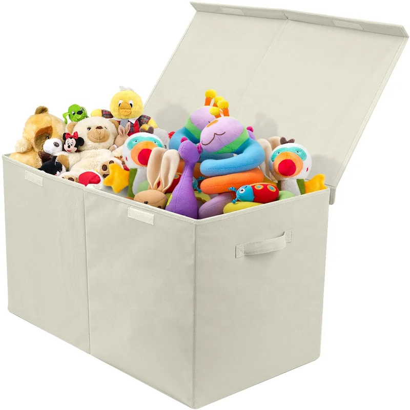 Toy Chest with Flip-Top Lid Kids Collapsible Non-woven Storage Box Large (Beige) Kids Storage Bins