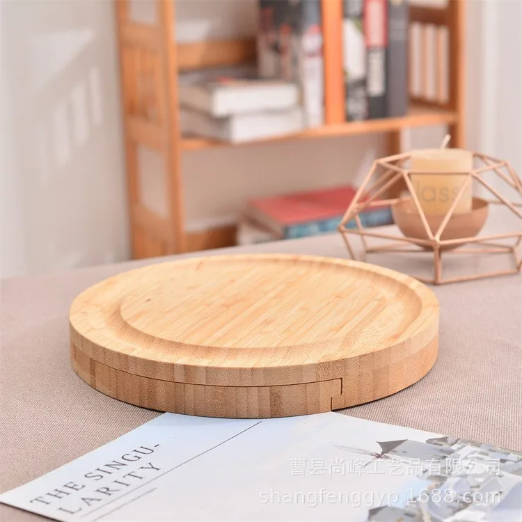 Custom Logo Round Bamboo Cheese Board With Drawer With Stainless Steel Knives Wooden Cheese Board And Knife Set