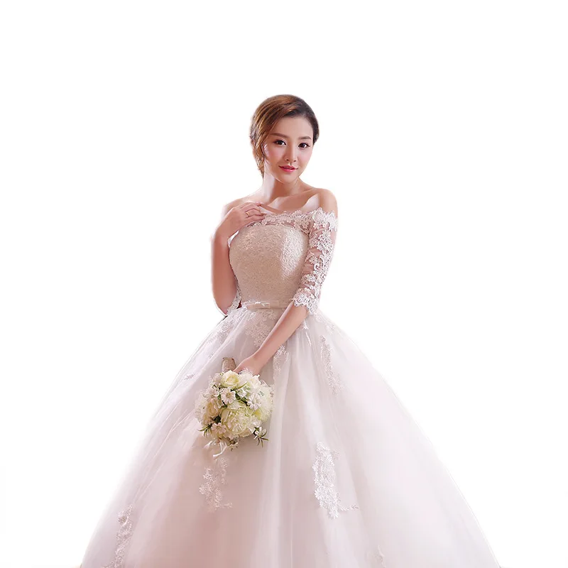 One-shoulder wedding dress large size bride in sleeves princess slim Flat Shoulder Half Sleeve Floor Length Lace Wedding Dress