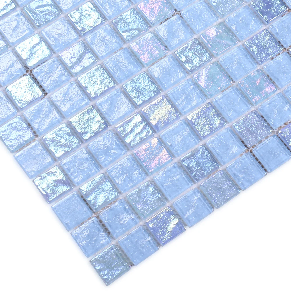 Swimming pool hotel bathroom mosaic tile Foshan square crystal iridescent light blue glass mosaic