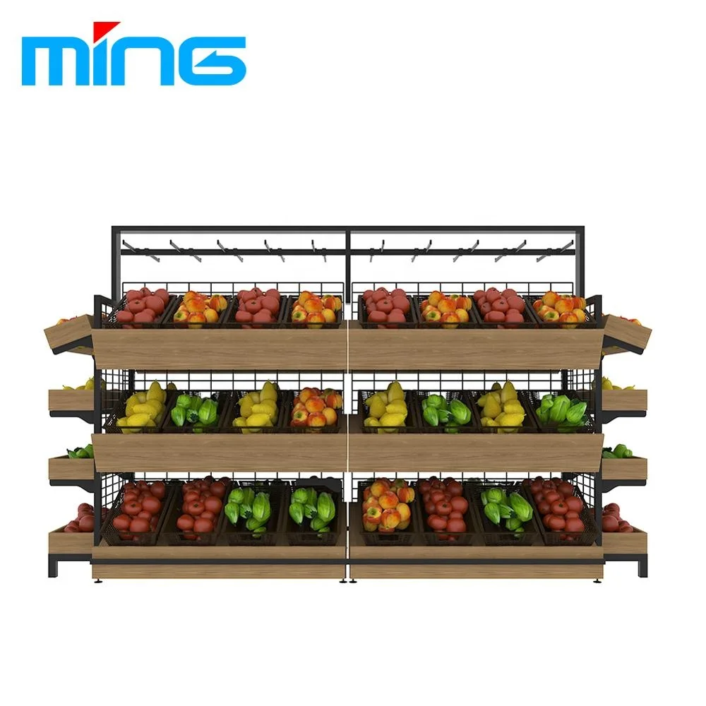 Double-side Three Layers Grocery Store Fruit Vegetable Storage Display Shelf