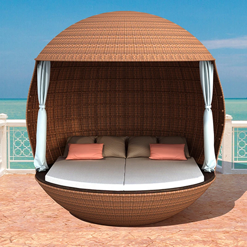 Outdoor bed sofa bed sun room rattan woven creative round bed beach pool villa courtyard Nordic loungers