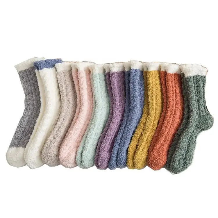 BD-S528 Pure color hemp coral velvet sleeping socks thickened warm middle tube simple cozy socks