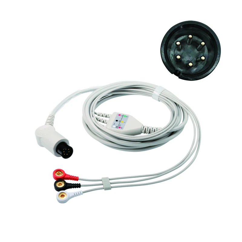 Generic Universal 6pin One Piece End ECG Cable with 3 Lead Leadwires Snap End