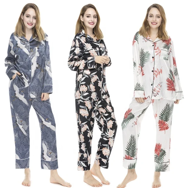 Custom Digital Printed Woman Pyjamas Suit Long Sleeve and Pants Floral Pijamas Silk Satin Women Pajamas Set