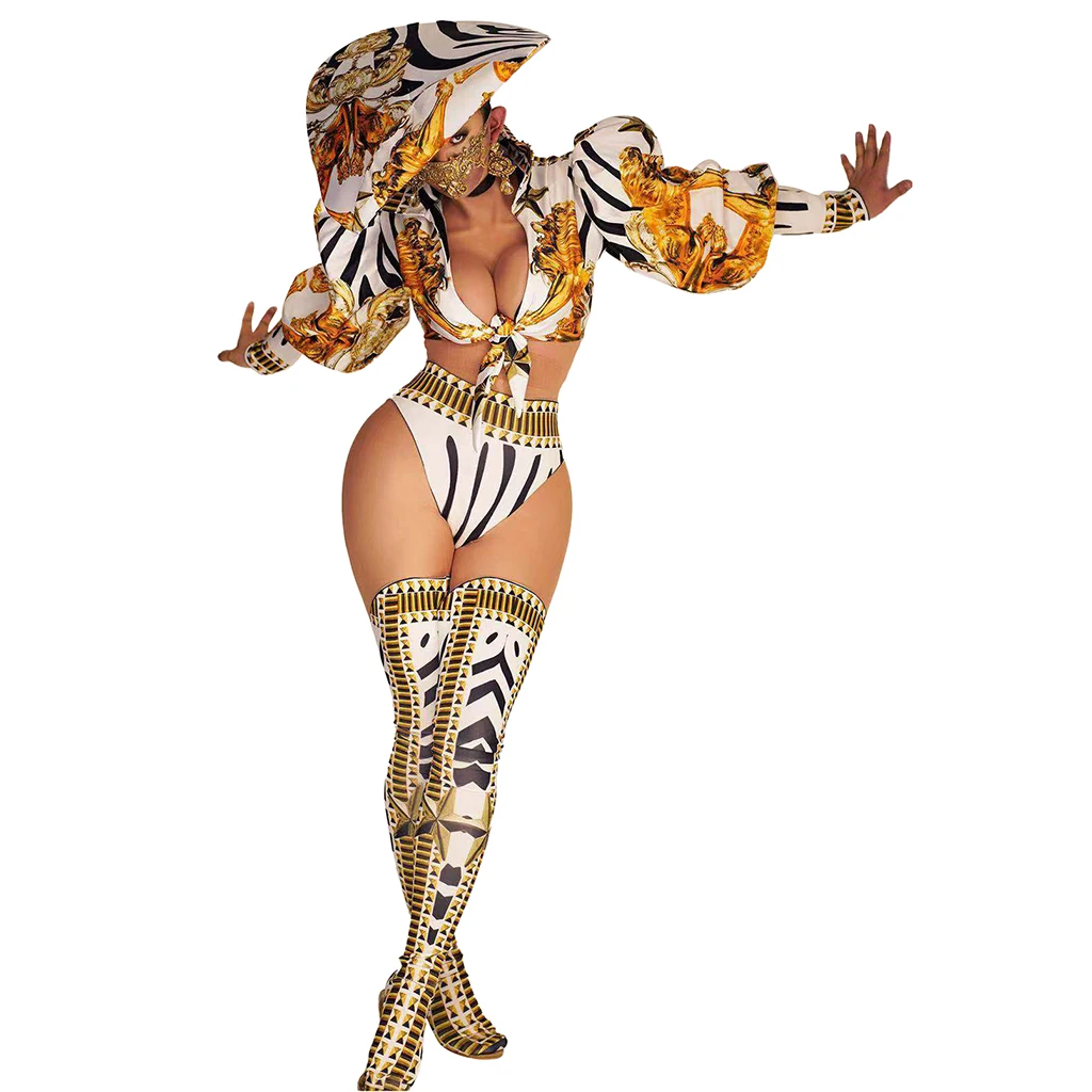 Vintage Print Deep V Top + Shorts + Hats Stage Costume Outfit Sets Women Nightclub Showgirl Jazz Dance Wear Performance Clothes
